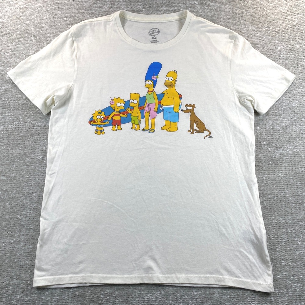 The Simpsons Mens Large White Graphic T-Shirt Surfboard Beach Scene Cartoon Tee